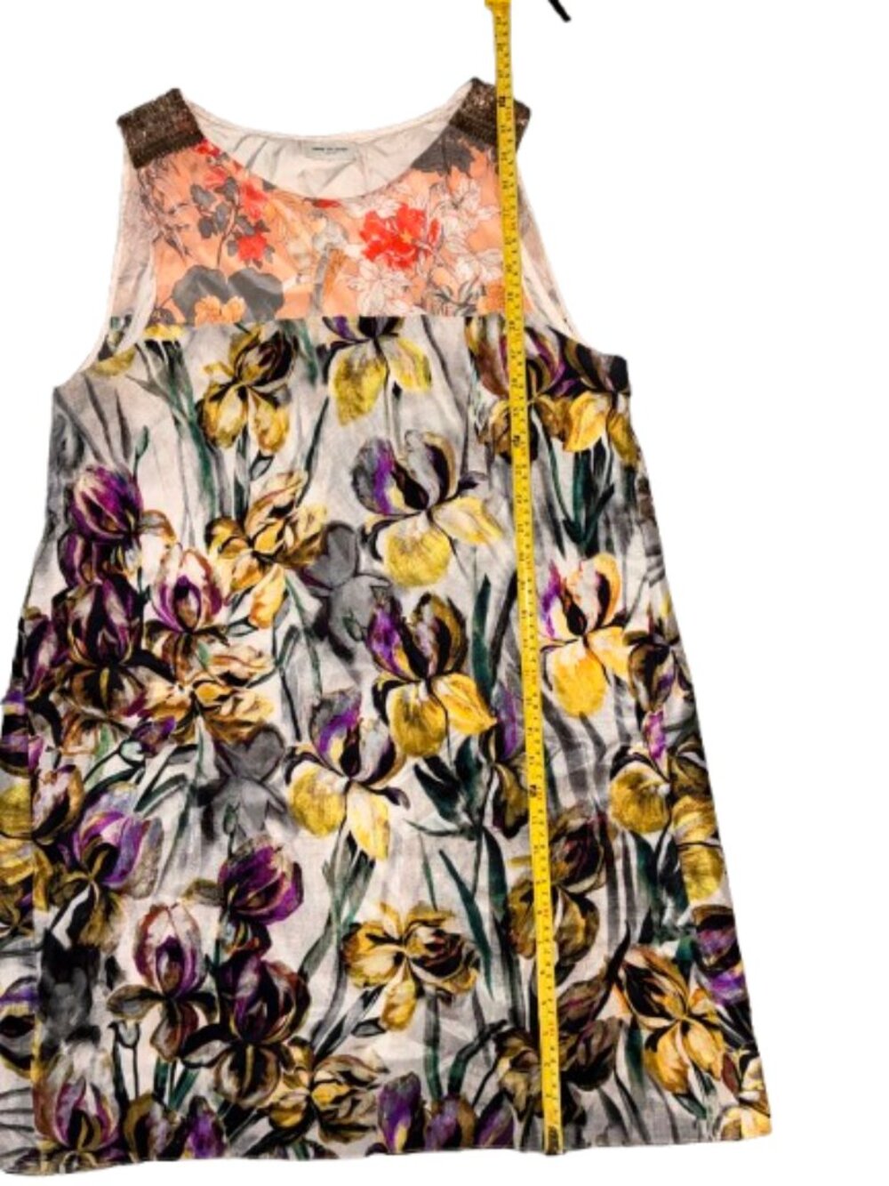 Dreis Van Noten Size 44 Floral Sleeveless Dress Beaded Shoulders Yellow Purple - Picture 12 of 15